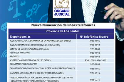 NUEVAS LÍNEAS TELEFÓNICAS DE DESPACHOS JUDICIALES Y ADMINISTRATIVOS DE LA PROVINCIA DE LOS SANTOS