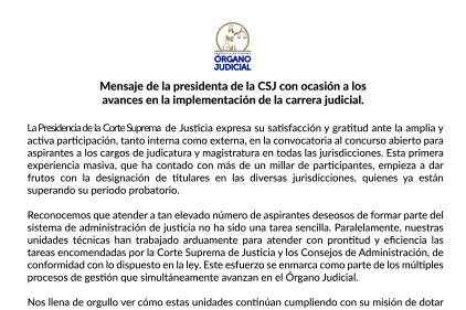 Mensaje de la presidenta de la CSJ con ocasión a los avances de la implementación de la Carrera Judicial 