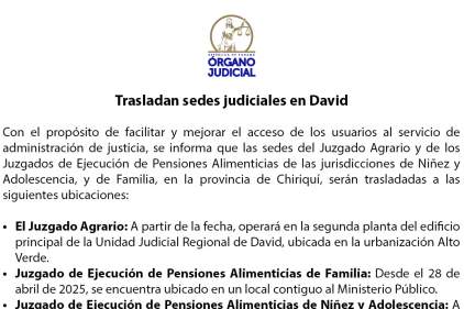 Trasladan sedes judiciales en David