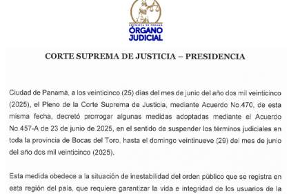 Pleno de la CSJ extiende cuatro días más la suspensión de términos judiciales en la provincia de Bocas del Toro