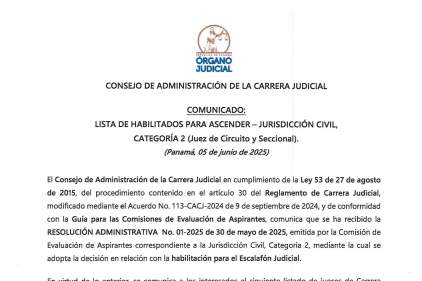 Comunicado y Resolución sobre a los ascensos de Jueces de la Jurisdicción Civil, conforme a Ley de Carrera Judicial
