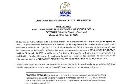 Comunicado del CACJ - Habilitados finales para ascender - Jurisdicción de Familia, Categoría 2