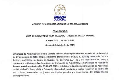 Comunicado del CACJ - Lista de habilitados para traslado - Jueces Penales y Mixtos - Categoría 1 Municipales