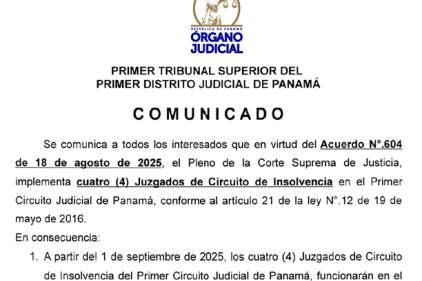 📢 A partir del 1 de septiembre inician funciones Juzgados de Circuito de Insolvencia de Panamá, en Torre BAC