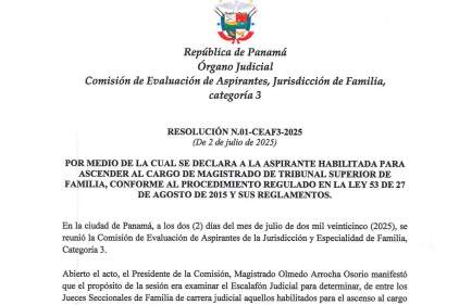 Resolución N°01-CEAF3-2025, que declara aspirante habilitada para ascender a Magistrada de Tribunal Superior de Familia