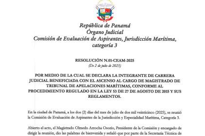 Resolución N°01-CEAM-2025, que declara beneficiada con ascenso al cargo de Magda. de Tribunal de Apelaciones Marítimas