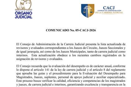 Comunicado del CACJ donde presenta lista actualizada de revisores y evaluados (Jueces Circuitales y Municipales)