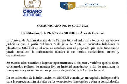 CACJ informa habilitación la plataforma SIGERH para actualizar área de estudios académicos