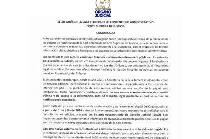 Comunicado de la Secretaría de la Sala Tercera de lo Contencioso-Administrativo y Laboral de la CSJ
