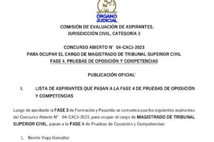 Publicación - Concurso Abierto N° 4- CACJ- 2023 para ocupar el cargo de Magistrado de Tribunal Superior Civil - Fase 4