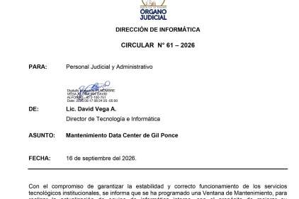 Circular de la Dirección de Informática N° 61-2026 - Mantenimiento de data center del Palacio de Justicia Gil Ponce