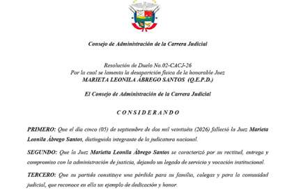 Resolución de Duelo No. 02-CACJ-26 Por la cual se lamenta la desaparición física de la honorable Juez Marieta L. Ábrego