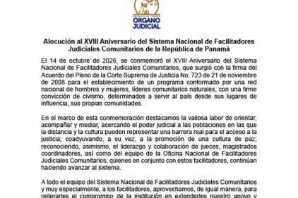 Alocución al XVIII Aniversario del Sistema Nacional de Facilitadores Judiciales Comunitarios de la República de Panamá