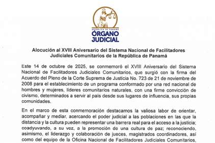 Alocución al XVIII Aniversario del Sistema Nacional de Facilitadores Judiciales Comunitarios de la República de Panamá