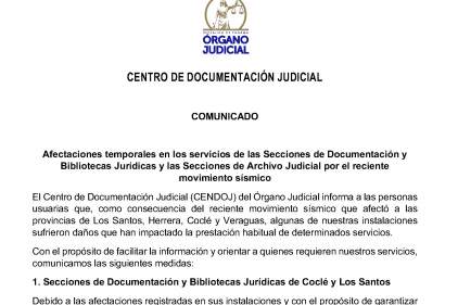 CENDOJ comunica medidas adoptadas por afectaciones del sismo a instalaciones en Coclé, Veraguas, Herrera y Los Santos