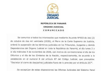 Comunicado de la CSJ sobre suspensión de términos judiciales y cierre de despachos en noviembre 2026