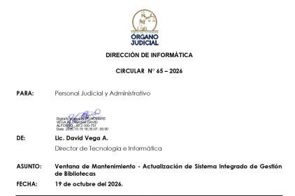 Circular n° 65 de la Dirección de Informática - Ventana de mantenimiento del Sistema Integrado de Gestión de Bibliotecas