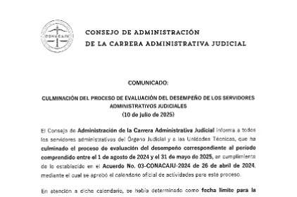 Comunicado - Culminación del proceso de evaluación del desempeño de los servidores administrativos judiciales