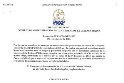 RESOLUCIÓN N°.03-CONDEP-2023 DEL CONSEJO DE ADMINISTRACIÓN DE LA CARRERA DE LA DEFENSA PÚBLICA