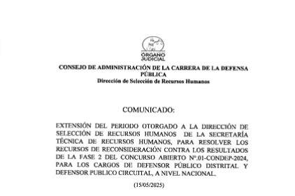 Consejo de Administración de la Defensa Pública - Comunicado del 15 de mayo de 2025