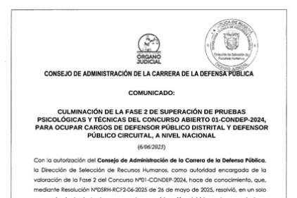 Comunicado-Culminación de la fase 2 de superación de pruebas psicológicas y técnicas del concurso abierto 01-CONDEP-2024