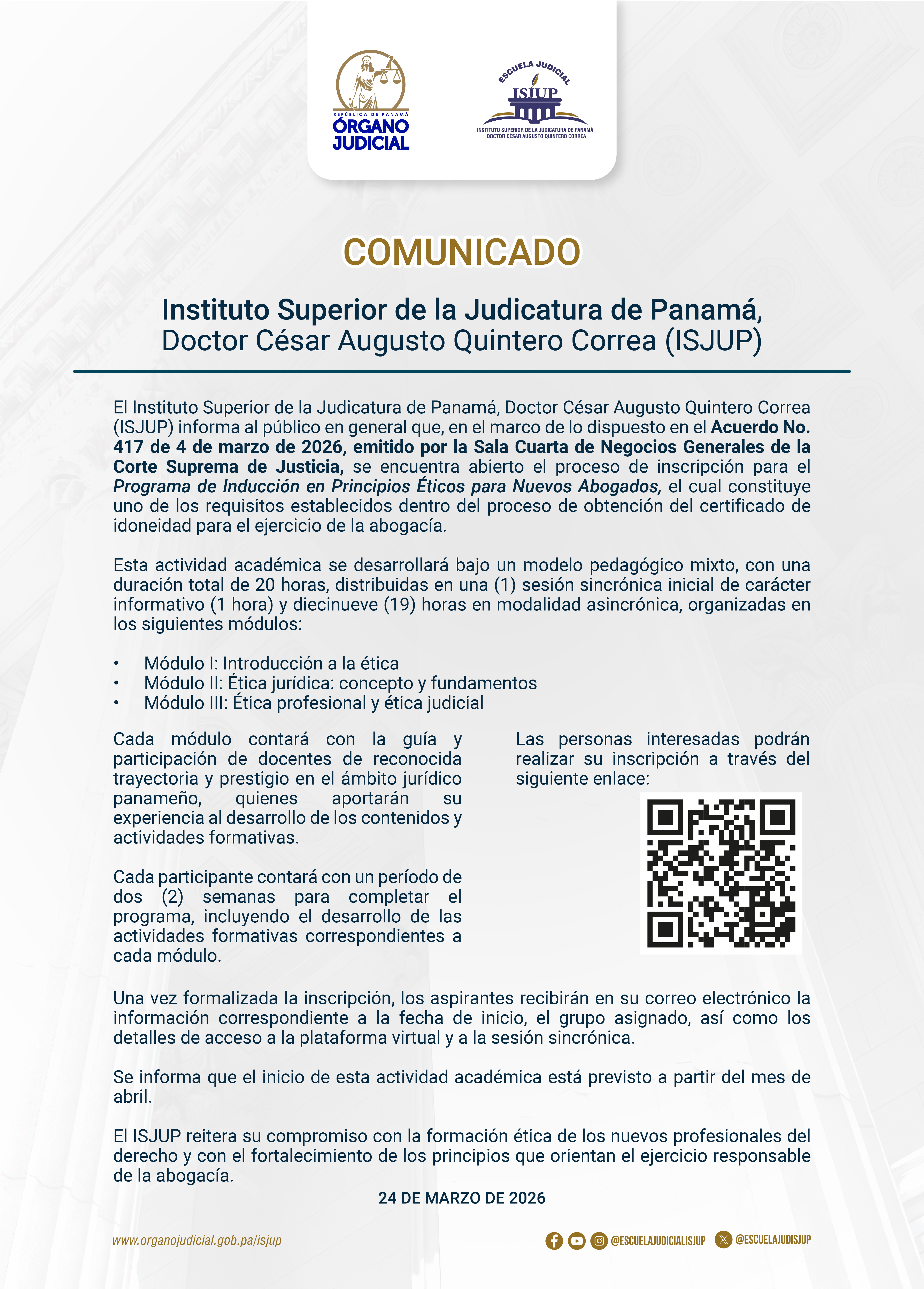 COMUNICADO OFICIAL ISJUP24 marzo 2026
