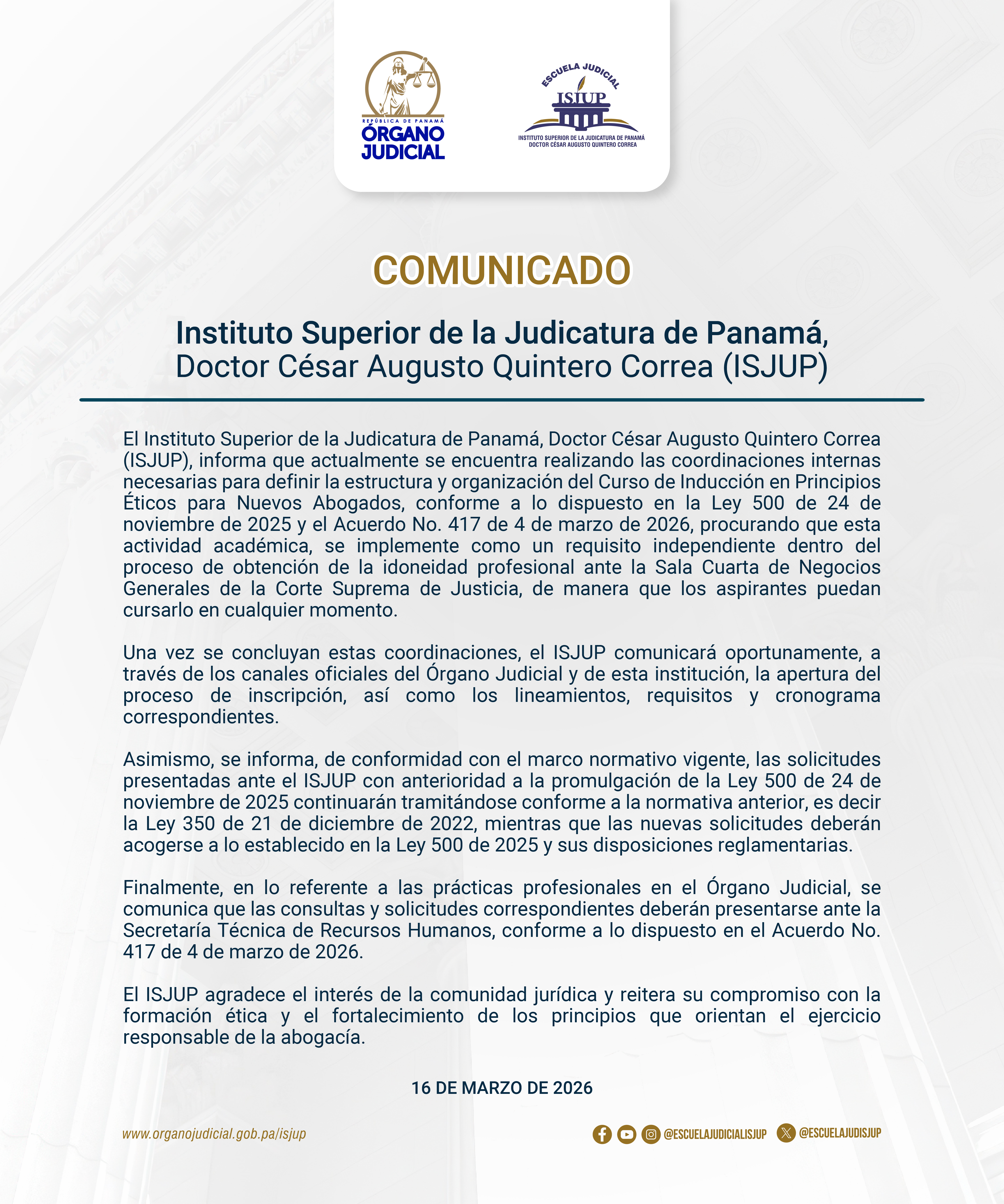 COMUNICADO OFICIAL ISJUP 16 marzo 2026