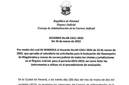 ACUERDO N° 6 DEL CONSEJO DE ADMINISTRACIÓN DE LA CARRERA JUDICIAL DEL 30 DE MARZO DE 2022