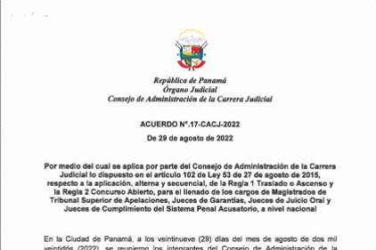 ACUERDO N° 17 DEL CONSEJO DE ADMINISTRACIÓN  DE LA CARRERA JUDICIAL