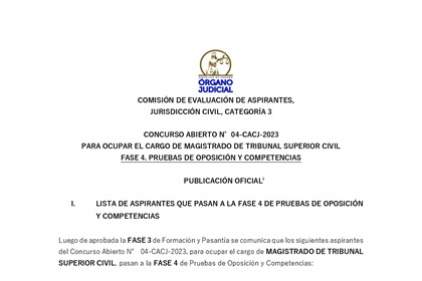 Concurso Abierto N° 04-CACJ-2023 para ocupar el cargo de Magistrado de Tribunal Superior Civil - Fase 4